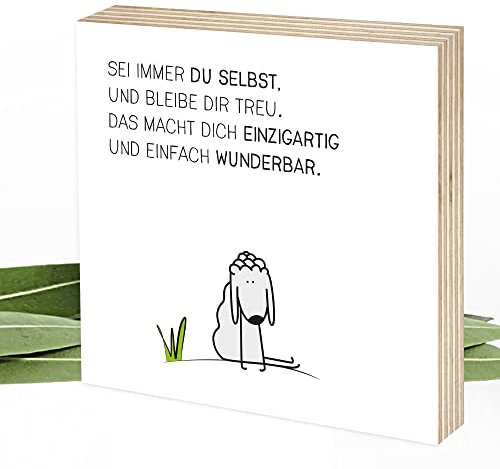 Wunderpixel® Holzbild Du-bist-wunderbar-Schäfchen - 15x15x2cm zum Hinstellen/Aufhängen, echter Fotodruck mit Spruch auf Holz - Wand-Bild Aufsteller Zuhause Büro zur Dekoration oder als Geschenk