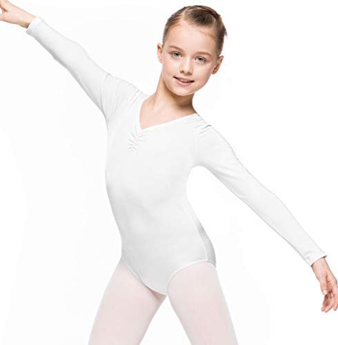 Arabesque Langarm Lycra Mädchen Ballettanzug Body Leotard Dance Trikot Turnanzug Mirta (98/104, Weiß)