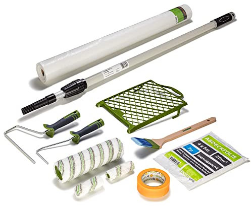 Premium Maler Set Wohnung 11 tlg | Malerset Farbroller mit Teleskopstange | Malerrolle Farbrolle Set | Abdeckvlies selbsthaftend | Malerpinsel Set, Maler Abdeckfolie, Maler Goldband