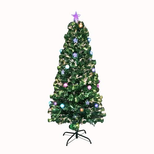 3Ft/90cm Fibre Optic Christmas Tree with Star Topper - Baubles and Stars Decorations - Pre-Lit Green Artificial Xmas Tree - Multicolor Changing Lights
