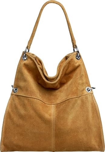 Caspar Große Vintage Leder Schultertasche Damen Handtasche aus weichem Wildleder - PREMIUM LINE - Modell No.805 - Made in Italy, Farbe:cognac, Größe:One Size