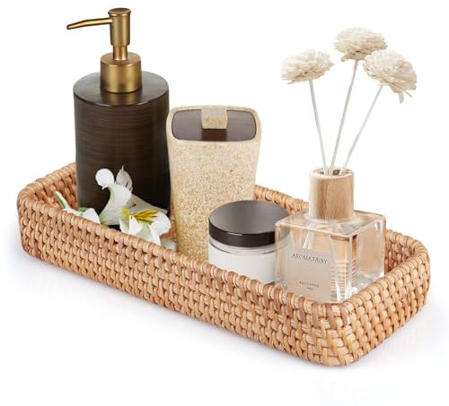 Doafoce Bandeja Decorativa Rectangular, Cesta de Almacenamiento de Mimbre, Tejida A Mano, para Cocina, Baño, Dormitorio (28 x 11,5 x 4cm)