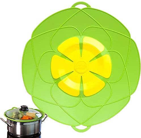 Tapa Silicona para Olla, Microondas o Sartén, Cubierta Antidesbordamiento, Antiderrames y Anti Salpicaduras, Cocina al Vapor. Utensilio de Cocina en forma de Flor a prueba de derrames. Verde, 25.5cm