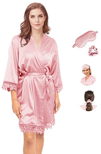 Y WJing Yi Jia Robe de chambre kimono pour femme - Robe de mariée en soie - Robe de nuit en satin - Style court - Robe de nuit avec bordure en dentelle - Taille :, Rose pâle., Taille unique