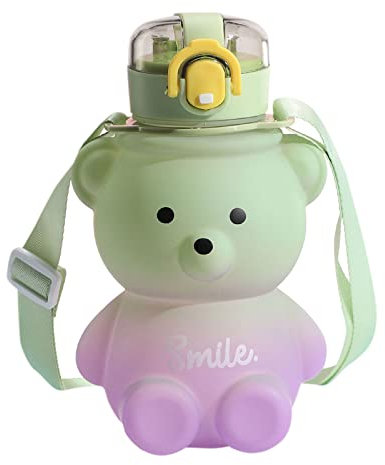 Botella de paja de oso Kawaii de 800 ml, botellas de agua de gran capacidad degradadas con pajita y correa, bonita a prueba de fugas, taza de agua potable de viaje portátil de plástico para