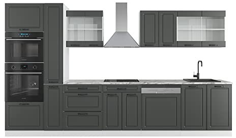Vicco Küchenzeile R-Line, Anthrazit Landhaus/Weiß, 350 cm mit Hochschrank, ohne Arbeitsplatte