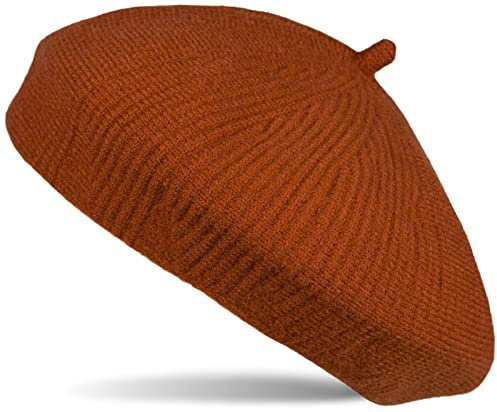 styleBREAKER Damen Feinstrick Baskenmütze mit dezentem Streifen Muster, Winter, Barett, Béret, Franzosen Mütze 04024200, Farbe:Cognac