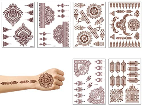Hilai Temporäre Tätowierungen, Henna Tattoos brauner roter Tattoos Aufkleber Spitze Temporärer Tattoos wasserdichte Körperaufkleber für Frauen Mädchen Körperkunst 6blätter, 48 g