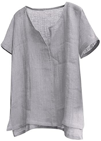 MeiLyviba Oberteile Leinenbluse Grosse Grössen Leinenoberteile Tshirt Kurzarm Übergröße Hemdbluse Leinen Bluse Damen Sommer T Shirt Pullover Tops Blumen Print Mode Lose Tunika Elegante Casual