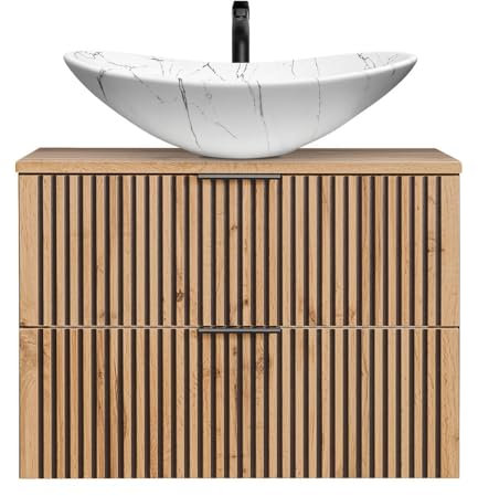 Lomadox Badmöbel Waschtisch Unterschrank 80 cm Keramik Waschbecken Aufsatzwaschbecken anthrazit mit Eiche Nb. schwarz gerillt B/H/T 80,6/73,7/46,5 cm