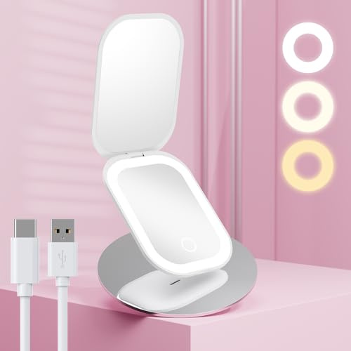 Benbilry Lighted Compact Travel Mirror with 3 Color Lights and Magnification 1X/3X, Ultra Slim Rechargeable Pocket Mirror for Purse, 2-Sided, Handheld, Folding, Portable, White