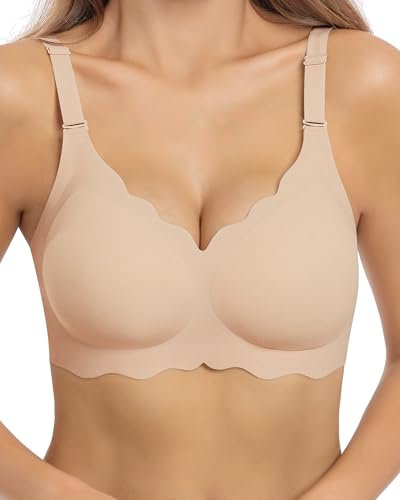 HORISUN Bras for Women No Underwire V Neck Scalloped Wireless Bralettes with Soft Support Comfort Full Coverage Seamless Bra (Milk Coffee,M)