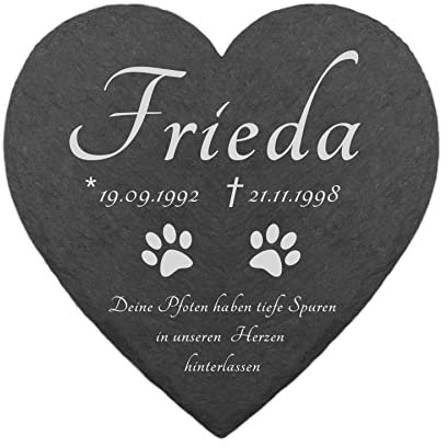 kultdog Schiefer Herz Grabstein mit Gravur - Gedenkstein für Mensch, Hund, Katze, Haustiere - Tiergrabstein mit Wunschtext - Grabschmuck für Urnen - Gedenktafel personalisiert - Pfoten