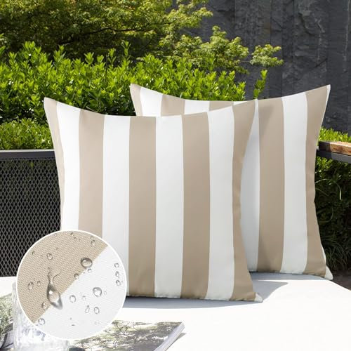 Ohok Wasserdicht Streifen Kissenbezug, 2er Set Dekorativ Outdoor Kissenhülle Deko Sofakissen Couchkissen Zierkissenbezüge für Sofa Wohnzimmer Balkon Garten Auto (Beige, 45x45 cm)