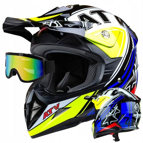 Motocross Helm Horn H915 schwarz rot/blau/schwarz XS-XL + CROSSBRILLE… (XS (53 - 54cm))