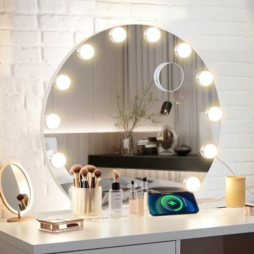 eklipt Schminkspiegel mit Beleuchtung 60cm,12 Dimmbare LED Licht Hollywood Spiegel mit Beleuchtung Groß,3 Farbtemperatur Licht, mit USB, Touch Control Tischplatte oder Wandhalterung Weiß