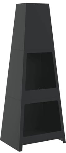 vidaXL Chimenea de Exterior con leñero y diseño de Torre Acero Negro, Estufa de leña de jardín, Chimenea de jardín, Quemador de leña de jardín