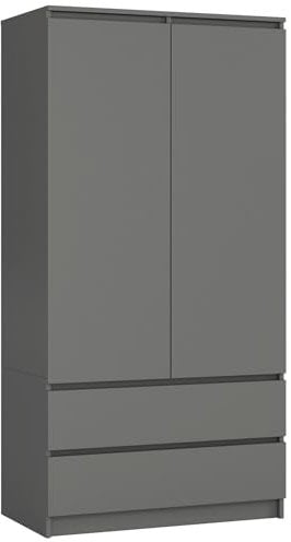 AKORD Zweitüriger Kleiderschrank S 90 cm 2 Schubladen mit Regalen und Einer Kleiderstange für EIN Schlafzimmer Kleiderschränke Minimalistischer Stil Schichtstoffplatte 16 mm | Graphitgrau