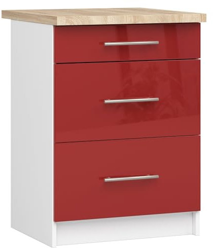 3E 3xE living.com Freistehender Küchenschrank: DREI Schubladen, Farbe: Weiß | glänzend Rot, A: B: 60 cm, H: 85 cm, T: 46 cm.