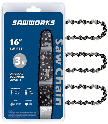 SawWorks 3-Pack 16 Inch Chainsaw Chain SW-R55, 3/8 Pitch - .043 Gauge - 55 Drive Links