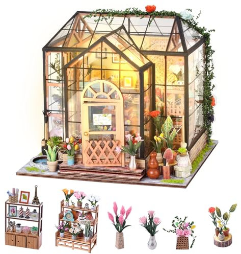 Polegas DIY Miniature House Kit, Adult Craft Kits with LED Light,3D Wooden Greenhouse Bookshelf Decor, Mini House Kit for Adults Teens to Build(Jenny Greenhouse)
