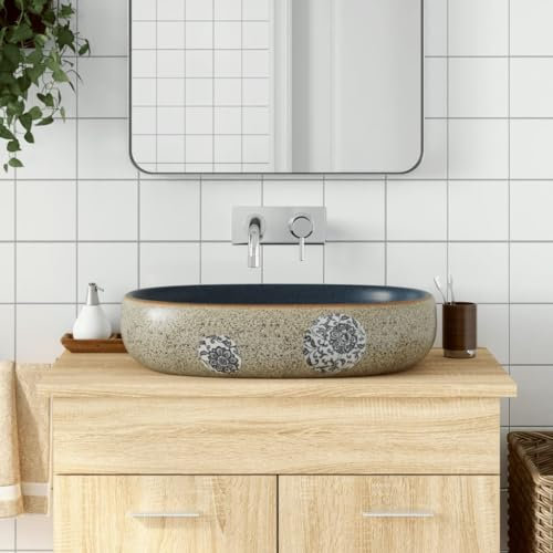 Brokky Lavabo da Appoggio Sabbia e Blu Ovale 59x40x14 cm Ceramica-Lavabo da Appoggio,Lavandino Bagno da Appoggio