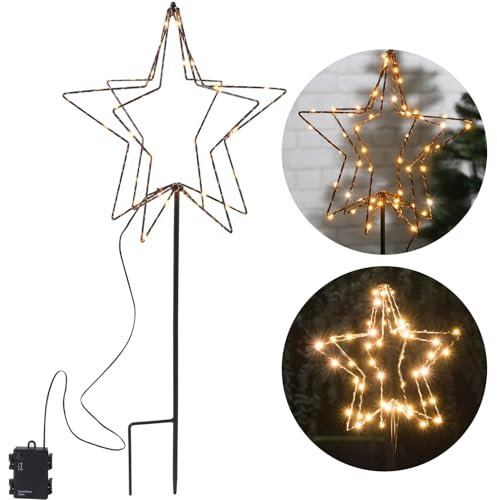 bonsport LED Gartenstecker Weihnachten Stern 80 cm - Weihnachtsdeko batteriebetrieben aussen - LED Stecker beleuchtet - Weihnachtsbeleuchtung Außen