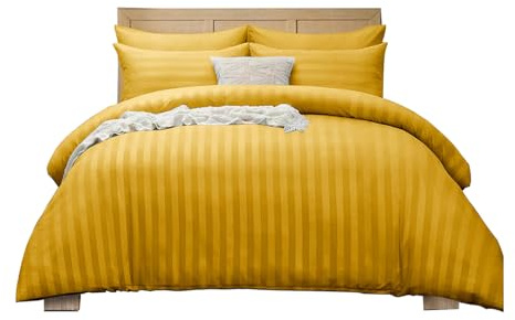 APEX FURNISHINGS Satin Stripes Single Duvet Cover Set Reversible Soft Breathable Microfiber Bedding with 1 Pillowcase, Single Bed Set (Ochre)