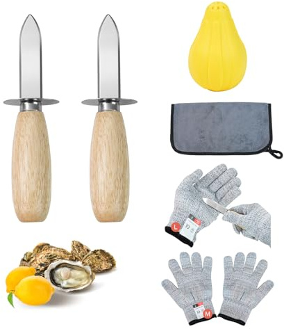 Upoomart Austernmesser, Austernmesser, 2er-Set, robuste Schärfe, 2 Handschuhe mit schnittfestem Level 5-Schutz, 1 Anti-Rutsch-Tuch und 1 Zitronenpresse für Meeresfrüchte-Liebhaber