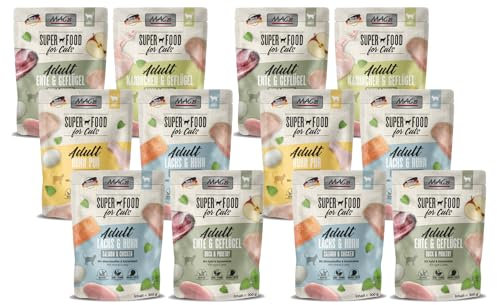 MAC´s Cat Pouchpack Mix 12 x 300g | 4 Sorten Mix | Getreidefrei & hoher Fleischanteil | Mit Taurin & Vitaminen | Schonend zubereitet für naturnahe Ernährung