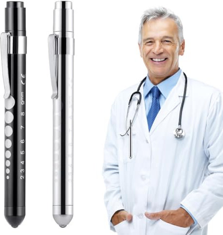 Tomedeks 2 piezas de linterna LED, linterna LED, lámpara de diagnóstico, examen clínico profesional, luz de bolígrafo para verificación de pupila oftálmica con calibrador de pupila