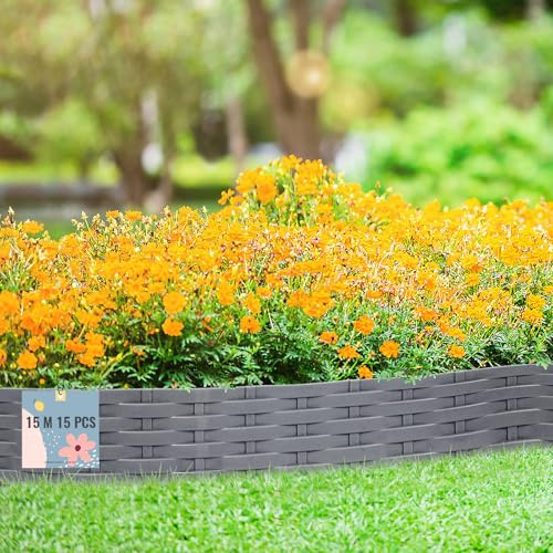 arvioo Rasenkante 15m 15 Stk, Abgrenzen den Rasen von Beeten, Beeteinfassung mit Dornen, Formbar, UV-Beständig, Werkzeugelose Schneller Einbau, Beetumrandung Ratten Gartenpalisade aus Kunststoff (Grau