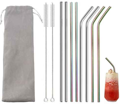 Vookkp 8 Pièces Paille Inox Paille Reutilisable(4 Droites + 4 Courbées), Pailles avec 2 Brosses de Nettoyage pour Bubble Tea Cocktails Café Smoothies Jus