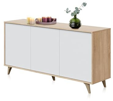 duehome | Aparador 3 Puertas, Armario Auxiliar para Salón, Modelo Lira, Acabado en Blanco Artik y Roble Canadian, Medidas: 154 cm (Ancho) x 75 cm (Alto) x 40 cm (Fondo)