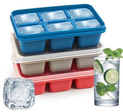 MSLHUB Eiswürfelform Silikon, 3 Stück Eiswürfelbehälter Silikon mit Deckel, 6-Fach Quadratische Eiswürfel Formen Bpa Frei, Ice Cube Tray für Cocktails Whiskey Bier Getränke (3 Farbe)