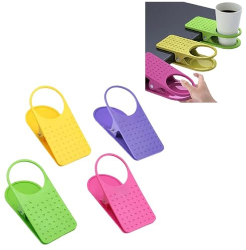 Aloka Olivia Yang Clip on Cup Holder, 4Pcs Portable Desk Side Cup Holders Clip Mug Holder Clamp for Camping Chair Sunbed, for Cups Diameter within 6.5cm/2.6in, Random Colors