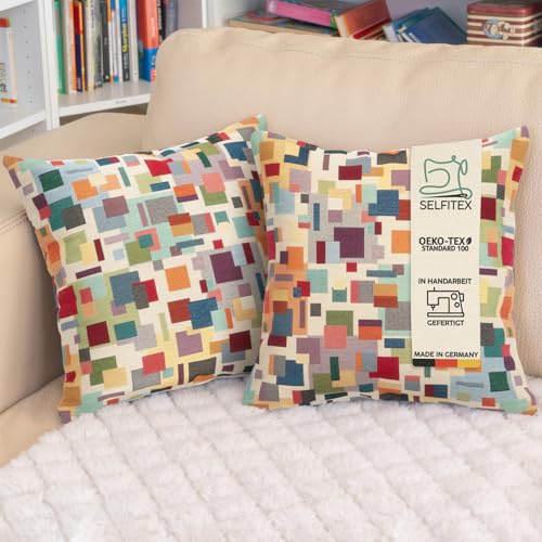 Selfitex 2er Set 40x40 Bunte Sofakissen inkl. Füllkissen, Luxus Sofakissen, farbenfrohes Couchkissen Set, hochwertiger Couchkissen Muster Bezug mit Reißverschluss, Bunte Kissen Deko (Blocks)