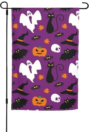 Banderas de jardín con estampado de terror de Halloween, color morado, para todas las estaciones, decoración al aire libre, patios, porches, bandera fácil de instalar