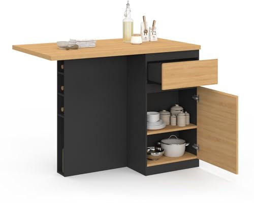 IDMarket – Ilot central TINO 120 cm con botellas, 4 personas, madera negra con encimera de haya