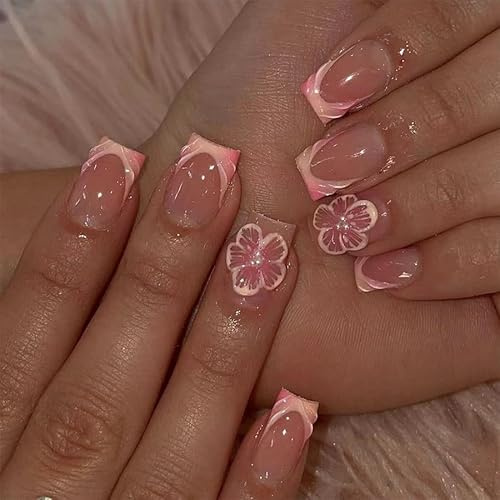MouyouGlow Press on Nails Kurz,Square Gradient Blush French 3D Striped Blumen Floral Golden Beads Design Short Fake Nails with Nail Glue,Ombre Pink Flowers Sommer INS Sweet Artificial Fingernails