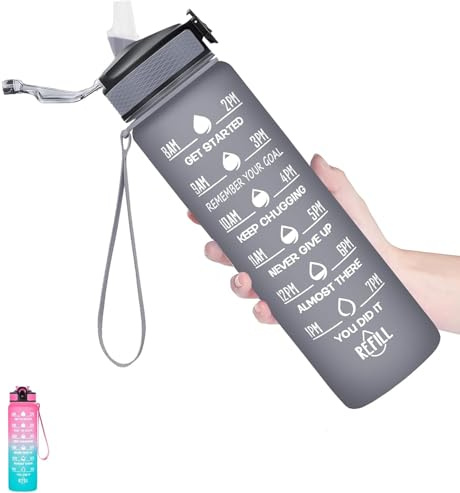 Trunera Water Bottle 1L with Straw, Leakproof BPA-Free Plastic Gym Water Bottle with Time Marker, Reusable Sports Water Bottle for Men, Women, Kids – Ideal for Gym, Cycling, Office, Outdoor(Black)