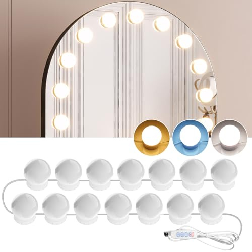 AURORIONCG 14 LED Spiegelleuchte Dimmbar Hollywood Schminktisch Beleuchtung | 14 Hollywood LED-Lampen; 3 Farbmodi; 10 Dimmstufen; Unsichtbare Kabelaufwicklung; Montage ohne Bohren; USB 5V/2A