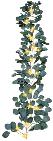 180cm Beleuchtete Eukalyptus Girlande Künstlich, Funkelnde Olivenbaumranke, Künstliche Efeublätterranke mit 96 LED Lichterketten & Timer, Hängend Grüne Blätter Deko für Frühling Weihnachten Kamindeko