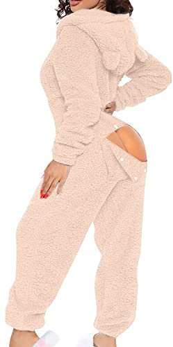 Generisch Damen Jumpsuit Sexy Fleece Overall Kuschelig Einteiler mit Kapuze und Öhrchen Onesie Reißverschluss Schlafanzug Gesäßschlitz Hausanzug Plüsch Einfarbig Langarm Pyjama Winter Schlafoverall