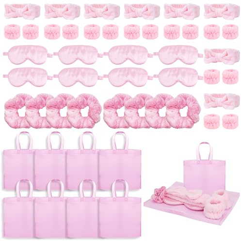Malloom Lot de 48 accessoires de soins de la peau pour filles avec bandeau et bracelet, masque pour les yeux, chouchou à cheveux, sac fourre-tout, fournitures de fête spa, accessoires de sommeil pour