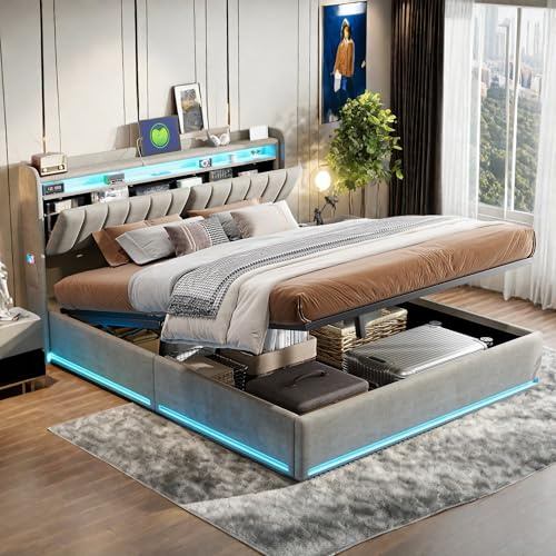 FUCMKON Polsterbett 160x200 mit Stauraum,Doppelbett mit Kopfteil,Jugendbett Bettgestell mit Lattenrost,Hydraulisches Stauraumbett mit LED-Beleuchtung & USB,Samt,Ohne Matratze (Grau C, 160x200cm)