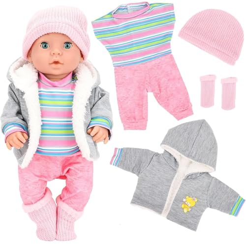 AUTOWNLUX Puppenkleidung 43 cm, Baby Puppen Kuschelanzug mit Graue Jacke, Gestreifter Pullover, Strickmütze und Socken, Puppenkleidung für Kinder Mädchen Jungen