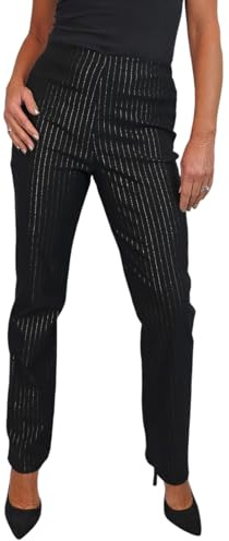 Paulo Due Women's Elasticated Waist Trousers Pull On High Waist Straight Leg Trousers Evening Day Office Work Black with Gold Pinstripe 8-22 (18)