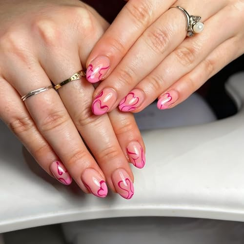 NXYCHIC 30pcs Pastel Pink Heart Press on Nails - Oval False Nails, Sweet Minimalist Reusable Artificial Nails for Valentine’s & Dates