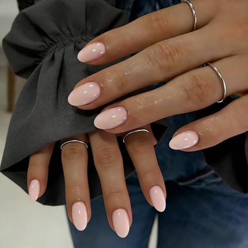 KQueenest Press On Nails Short - Pale Pink False Nails Oval, 32 Pcs 16 Sizes Neutral Short Fake Nails Press ons Almond, Reusable Glossy Pastel Pink Stick on Artificial Nail for Everyday Office Wear